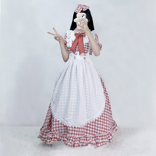 Damen nan vintage-inspiriertes Lolita-Kleid mit Karomuster Volants und abnehmbarer Schürze Echo Archiv