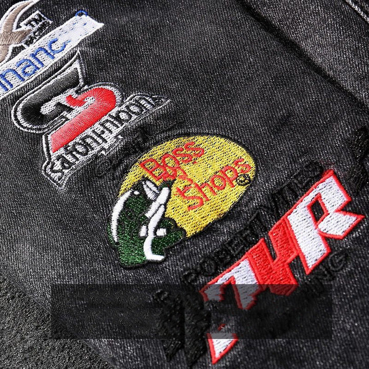 Herren Modische Jeansjacke mit kreativen Patches Echoarchiv