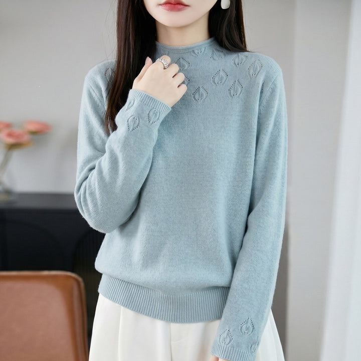 Damen Kurzrollkragenpullover aus Feinstrick mit Ajour‑Yoke und geripptem Saum Echoarchiv