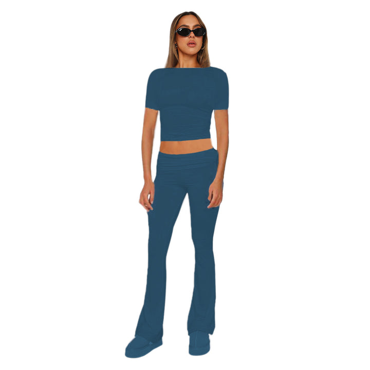 Figurbetonendes Damen-Crop-Set aus Stretch-Jersey mit hoch taillierten, ausgestellt Hosen Echoarchiv