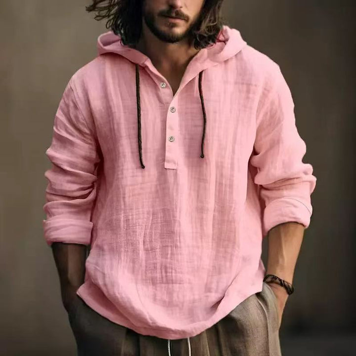 Herren lässiges Hoodie-Hemd aus Leinen mit Knopfschluss Echoarchiv