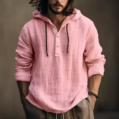 Herren lässiges Hoodie-Hemd aus Leinen mit Knopfschluss Echoarchiv