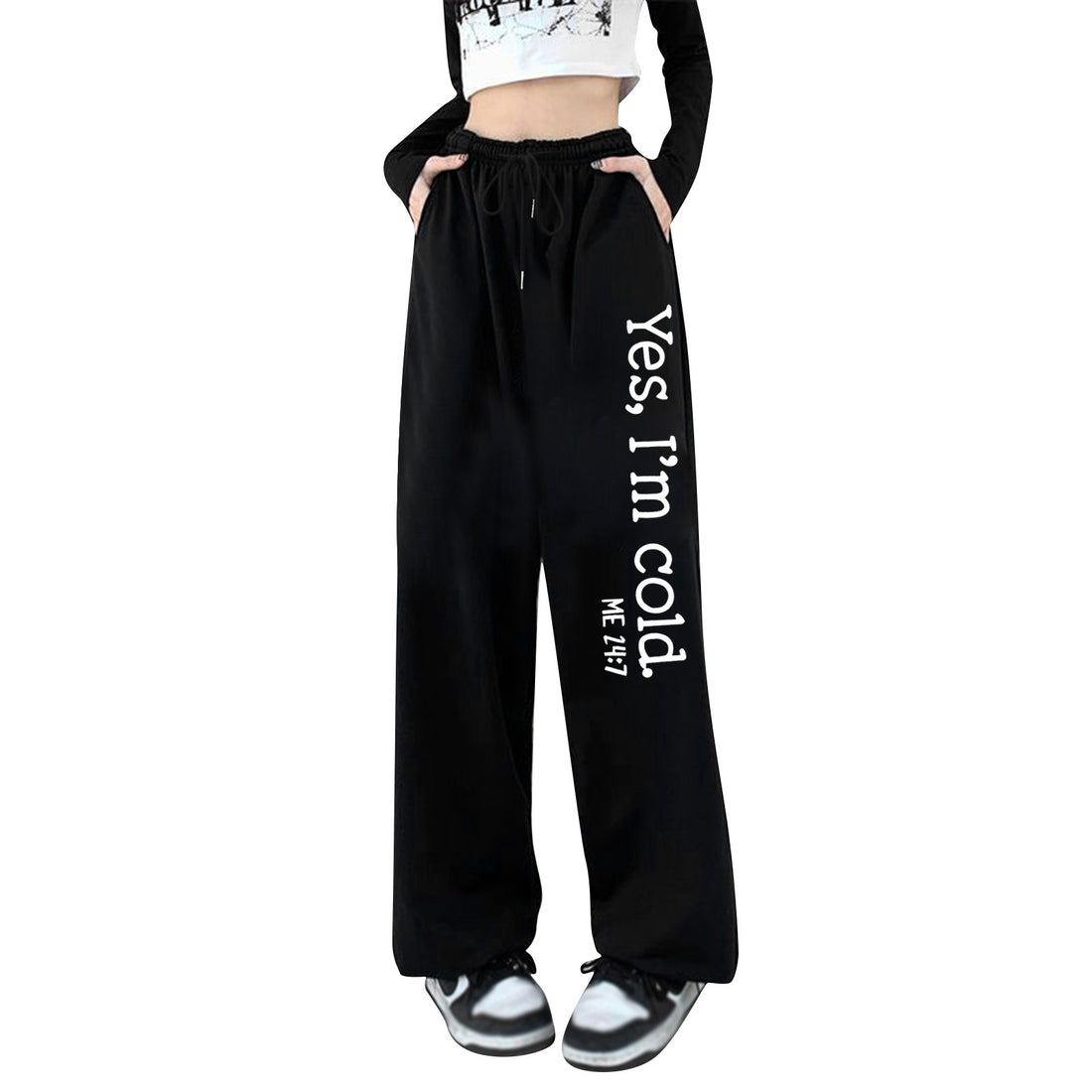 Damen weite Jogginghose hochgeschnitten mit seitlichem Statementprint und elastischem Bund – Avélisse