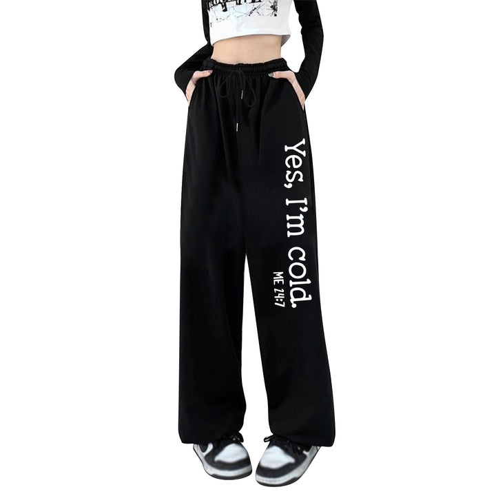 Damen weite Jogginghose hochgeschnitten mit seitlichem Statementprint und elastischem Bund – Avélisse