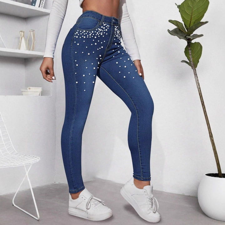 Damen Taillenhohe figurformende Skinny-Jeans mit Perlenbesatz Echo Archiv