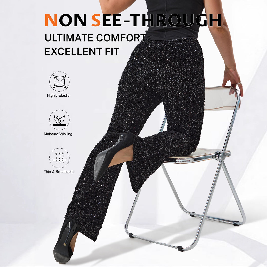 Damen Glamouröse Pailletten-Flared-Hose mit hohem Bund und Stretch echoarchiv-