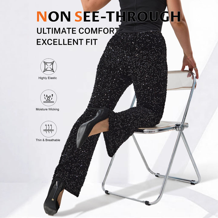 Damen Glamouröse Pailletten-Flared-Hose mit hohem Bund und Stretch echoarchiv-