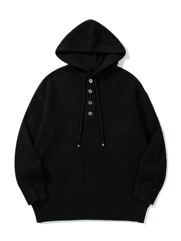Unisex Strukturierter Kapuzen‑Strickpullover mit Henley‑Knopfleiste Echoarchiv