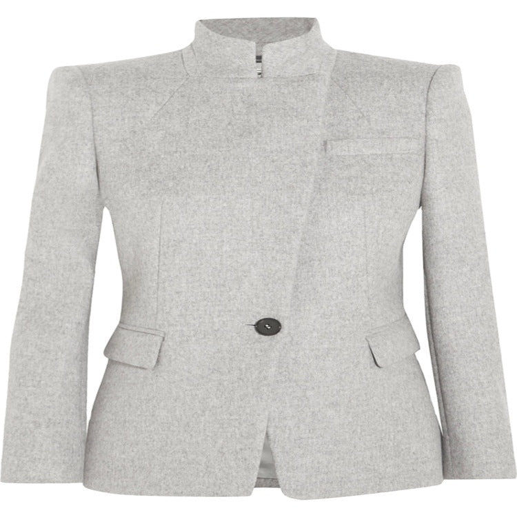 Damen Taillierter Wollmix‑Blazer mit Stehkragen, strukturierter Schulter und Pattentaschen Echoarchiv