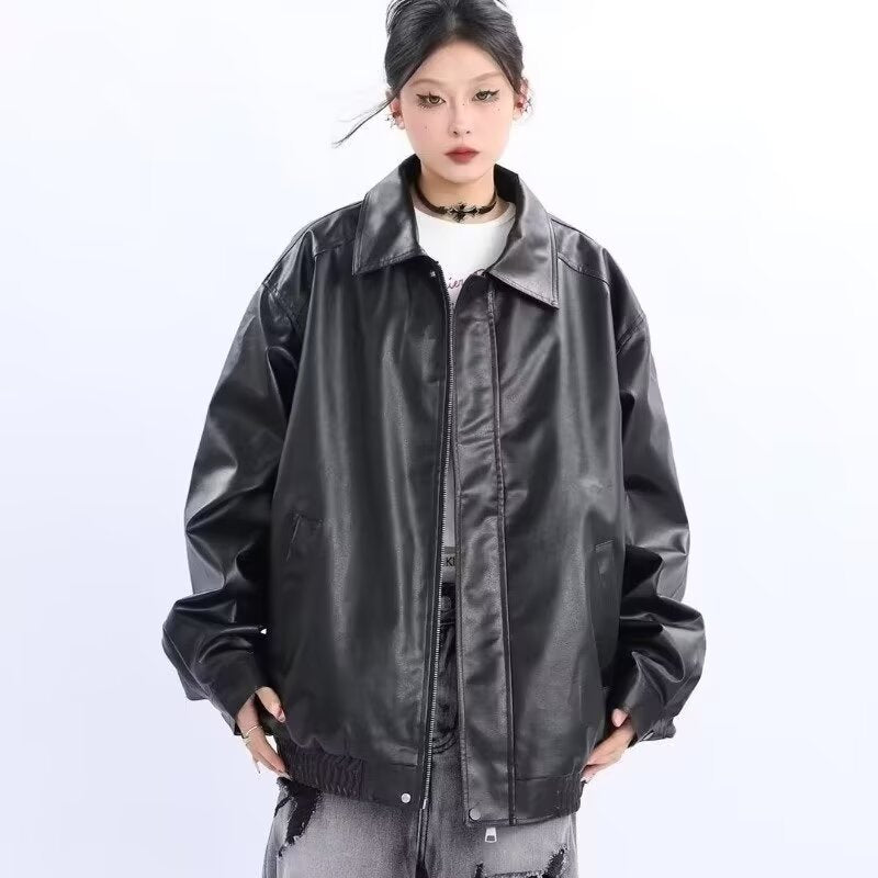 Damen Oversized Kunstleder-Blouson mit elastischem Saum und Hemdkragen Echoarchiv