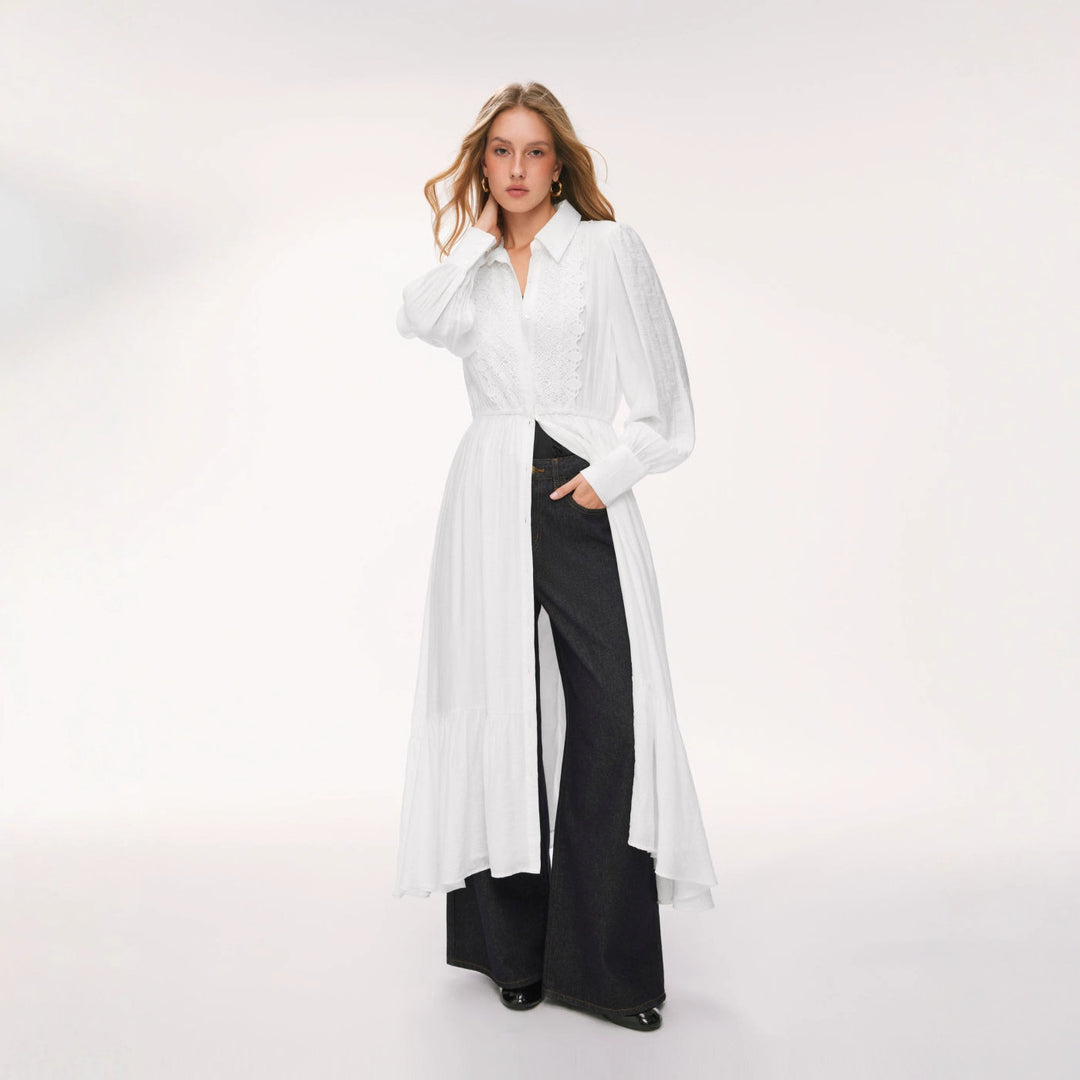 Damen Langes Hemdblusenkleid mit Spitzenbesatz, Taillierung und Stufenrock – Valéora