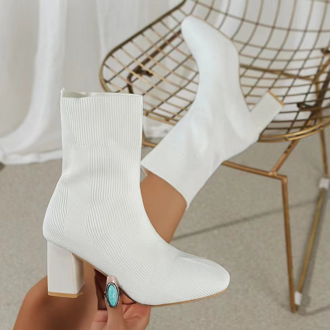 Damen Strickstiefeletten mit transparentem Blockabsatz und elastischem Schaft Echoarchiv