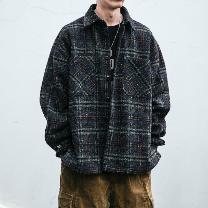 Unisex Karo-Overshirt aus Wollmix mit aufgesetzten Brusttaschen Echoarchiv