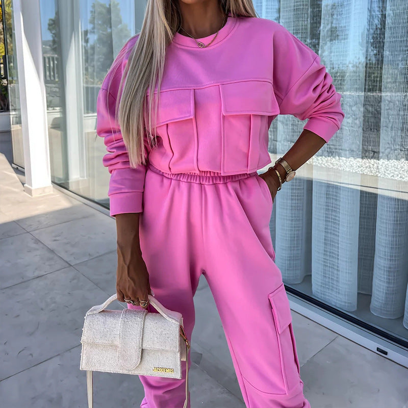 Damen Cargo-Loungewear-Set aus weicher Baumwollmischung mit hoher Taille und aufgesetzten Cargo-Taschen – Avélisse