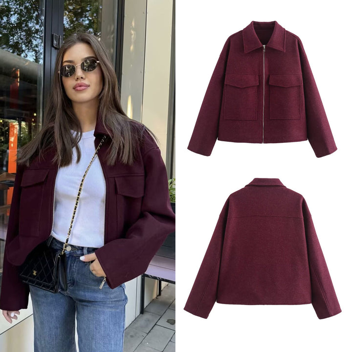 Damen Kurzjacke aus Wollmix mit großen Pattentaschen und durchgehendem Reißverschluss Echo Archiv