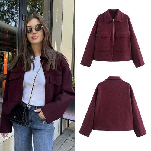 Damen Kurzjacke aus Wollmix mit großen Pattentaschen und durchgehendem Reißverschluss Echo Archiv