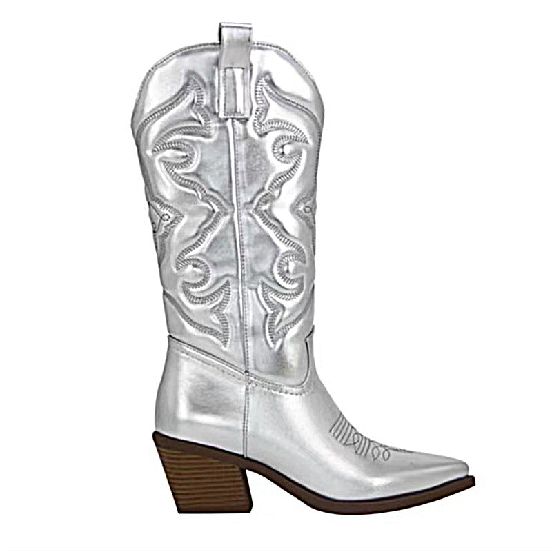 Damen nan metallische Westernstiefel mit mittelhohem Schaft dekorativer Stickerei und Seitenreißverschluss Echo Archiv