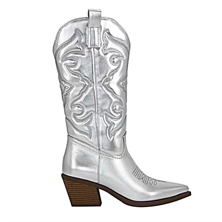 Damen nan metallische Westernstiefel mit mittelhohem Schaft dekorativer Stickerei und Seitenreißverschluss Echo Archiv