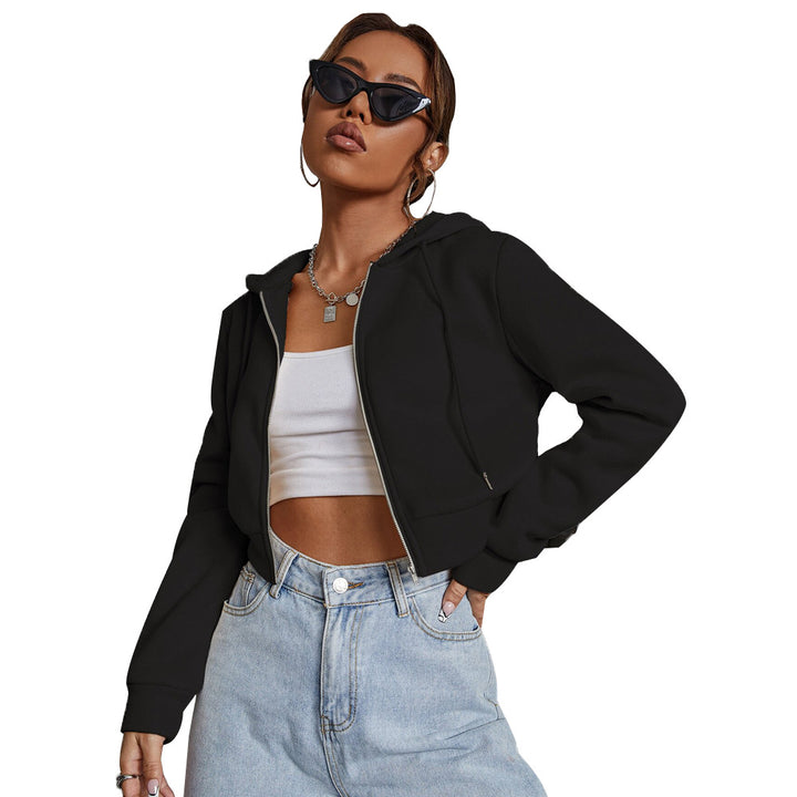 Damen kurze Kapuzenjacke mit durchgehendem Reißverschluss taillierter Silhouette und elastischen Bündchen – Célinea