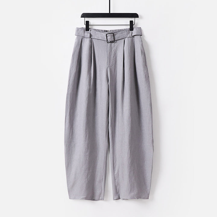 Damen Hochgeschnittene weite Leinenmix-Hose mit Bundfalten und Stoffgürtel Echoarchiv