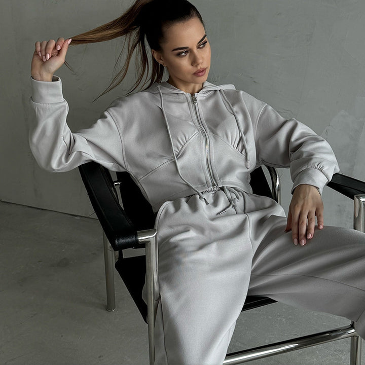 Damen kurzes Reißverschluss-Cropped-Hoodie mit hoher Bund Palazzo-Jogginghose Set – Auréline