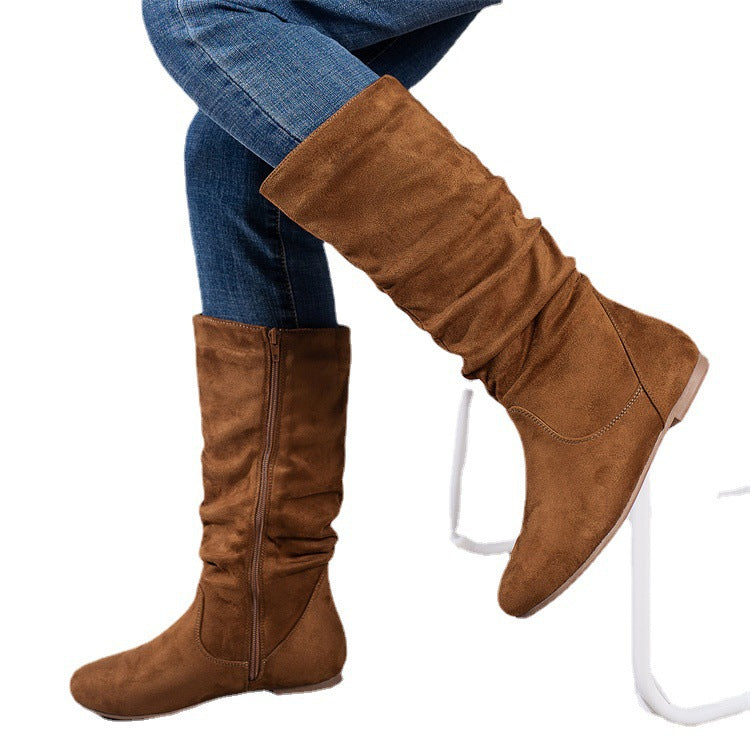 Damen Slouch-Stiefel mit flachem Absatz, seitlichem Reißverschluss und weichem Velours – Lioré