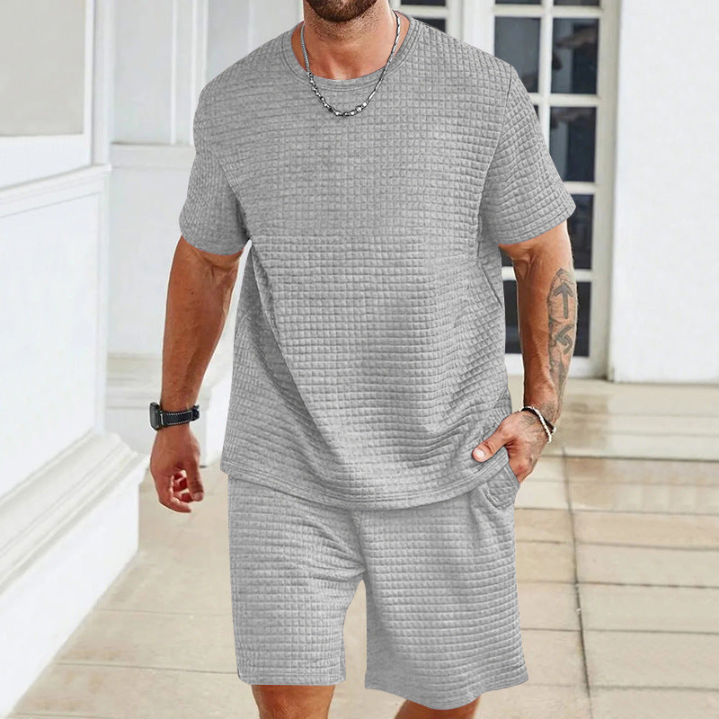 Herren nan leichter Freizeit-Zweiteiler in Waffelstruktur mit Rundhals-T-Shirt und komfortablen Shorts Echoarchiv