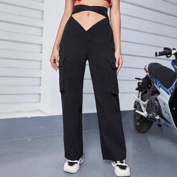 Damen utilitaristische Cargo-Hose mit V-förmigem Bund, weitem Bein und Cargotaschen Echo Archiv
