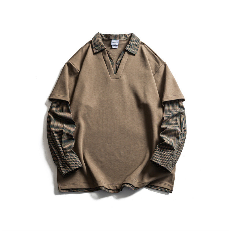Herren Lagenlook-Pullover mit integriertem Karo-Hemdkragen und eingesetzten Hemdärmeln Echoarchiv