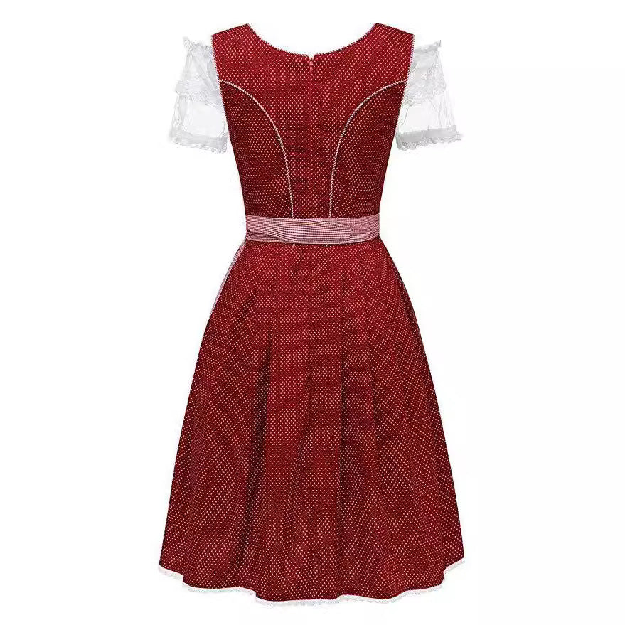 Damen nan alpines Midi-Trachtenkleid mit geschnürtem Mieder, Kurzbluse und dekorativer Herzschürze Echo Archiv