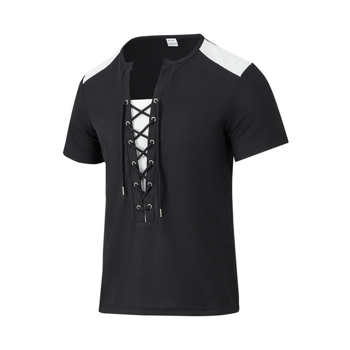 Herren Kurzarm-Henley-T-Shirt mit dekorativen Schnürdetails und atmungsaktiver Struktur Echoarchiv