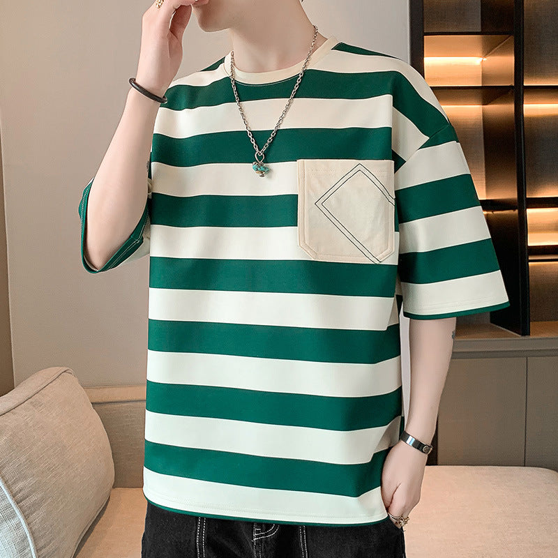 Herren lässiges gestreiftes T-Shirt mit aufgenähter Tasche Echoarchiv