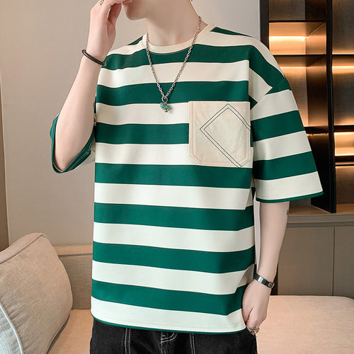 Herren lässiges gestreiftes T-Shirt mit aufgenähter Tasche Echoarchiv