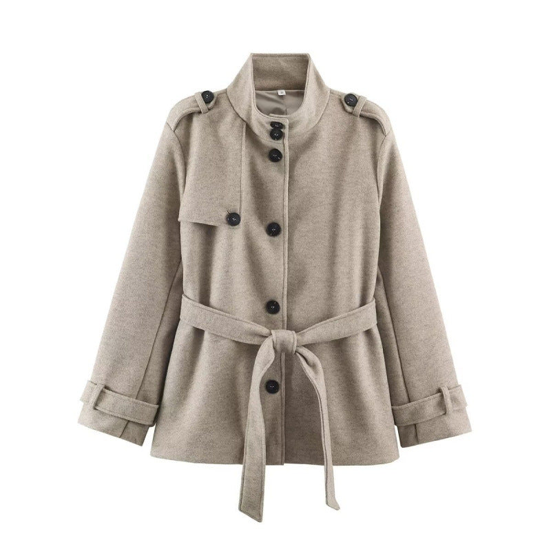 Damen kurze taillierte Manteljacke aus Wollmix mit Stehkragen, Schulterpatten und Bindegürtel Echo Archiv