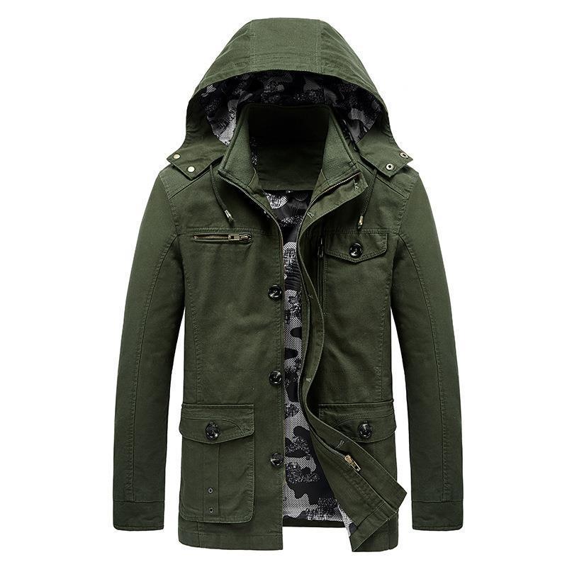 Herren mittellange Canvas-Fieldjacke mit Kapuze, Cargo‑Taschen und Camouflage‑Innenfutter Echo Archiv
