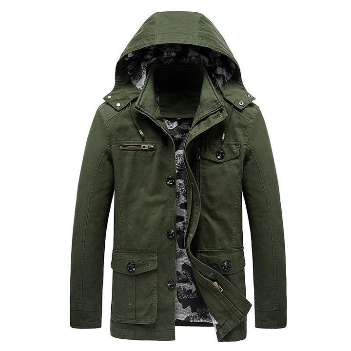 Herren mittellange Canvas-Fieldjacke mit Kapuze, Cargo‑Taschen und Camouflage‑Innenfutter Echo Archiv