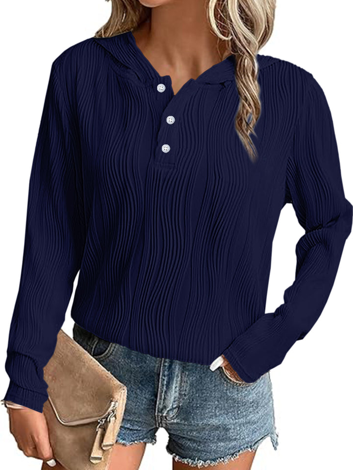 Damen Geripptes Kapuzen-Henleyshirt mit Knopfleiste und leichter Struktur Echoarchiv