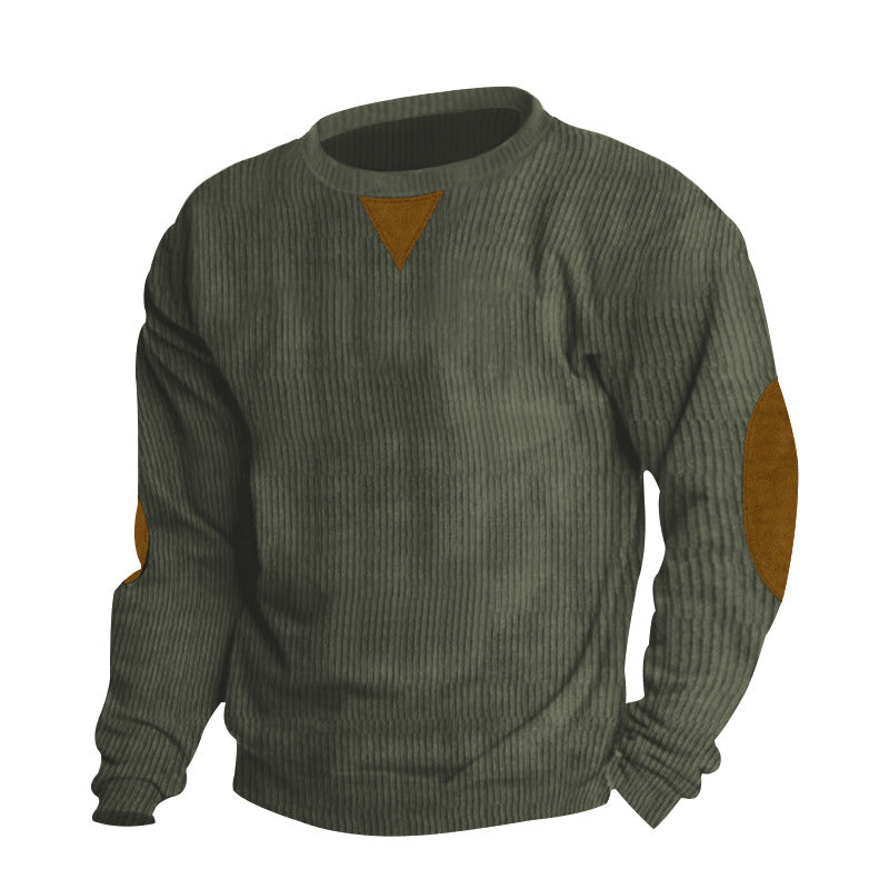 Herren nan grobgerippter Rundhals-Strickpullover mit Ellbogenpatches und Dreiecksdetail Echo Archiv