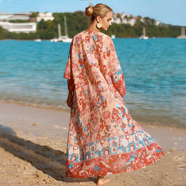 Damen floraler Strandkimono mit weit geschnittenen Ärmel Echo Archiv