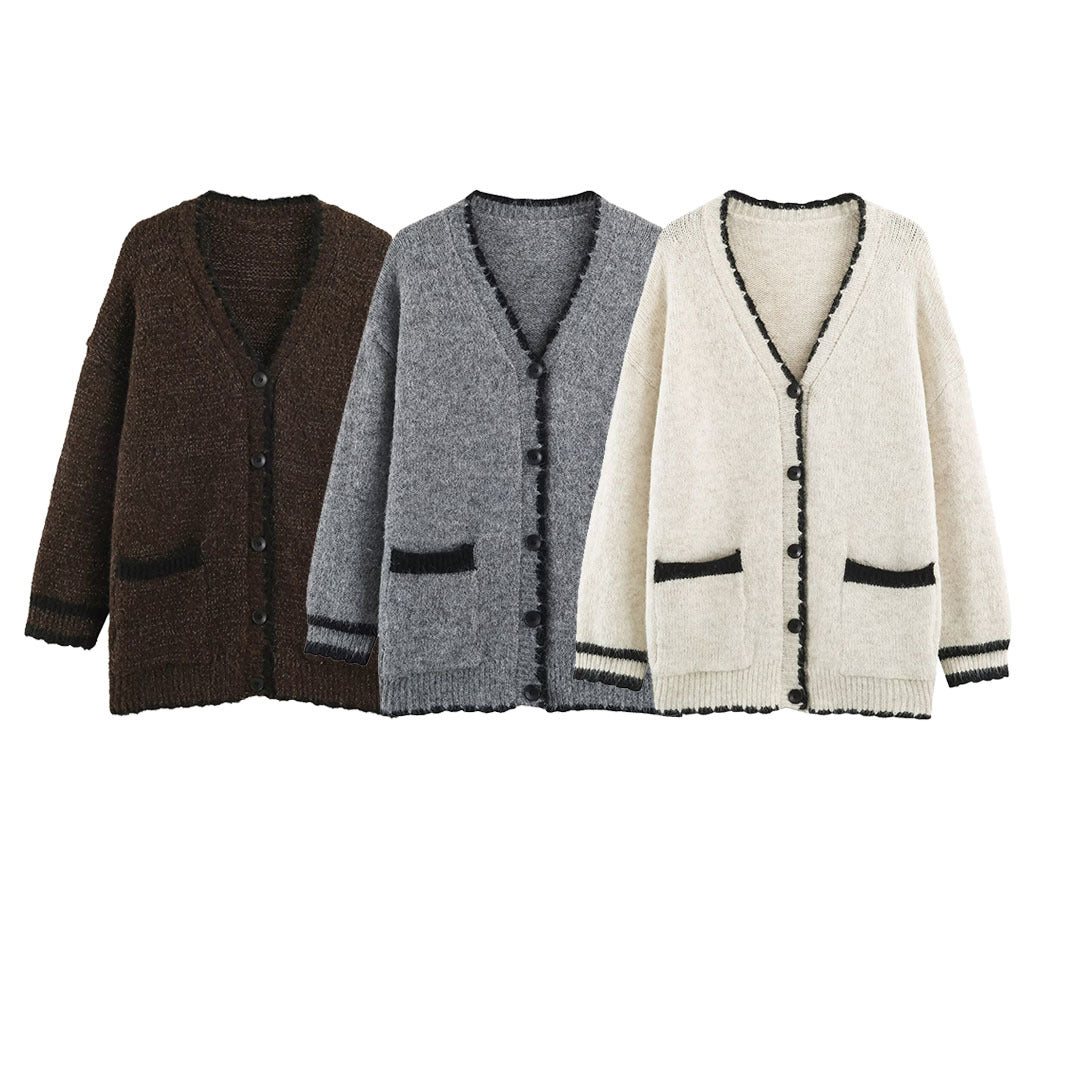 Damen Oversize Strickcardigan mit V-Ausschnitt, Knopfleiste und kontrastierenden Zierkanten Echoarchiv