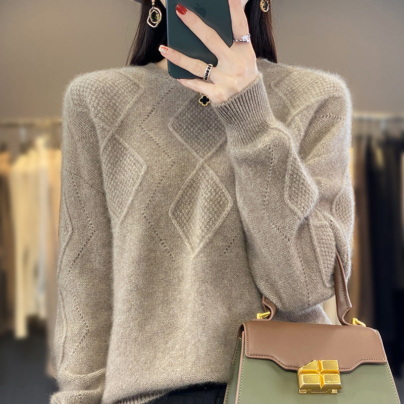 Damen Weicher Rautenmuster-Pullover im Mohair‑Look mit feiner Ajourstruktur und Rundhalsausschnitt Echoarchiv