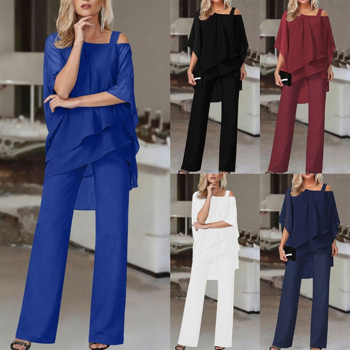 Damen Elegantes Chiffon-Zweiteiler mit Lagen‑Tunika, asymmetrischem Ein‑Schulter‑Detail und weiter Palazzohose – Élanora