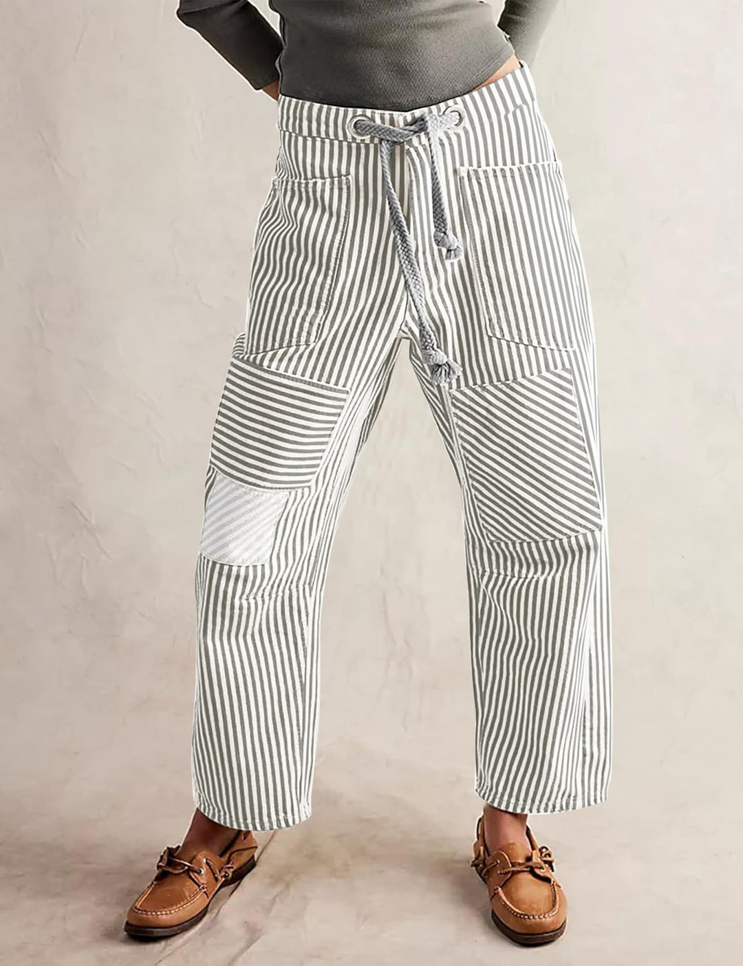 Damen nan lässige gestreifte Leinenhose mit Kordelzug und aufgesetzten Taschen Echo Archiv