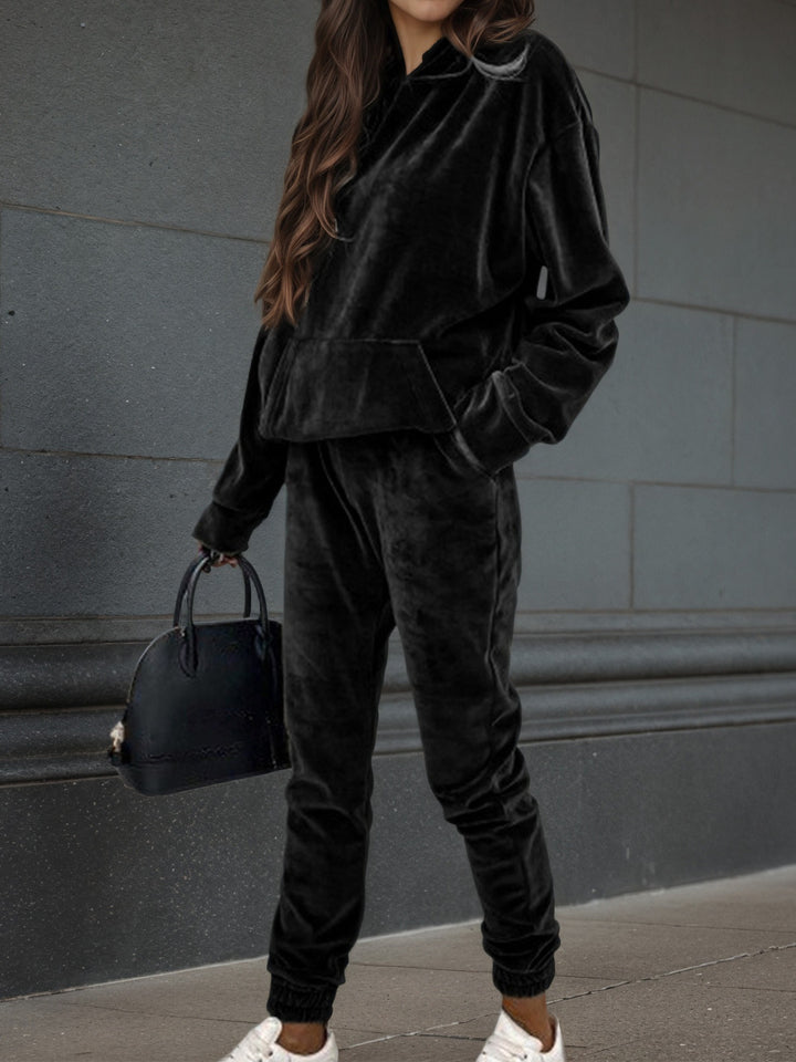 Damen Samt-Jogginganzug mit Kapuzenhoodie, Kängurutasche und elastischer Bündchenhose Echoarchiv