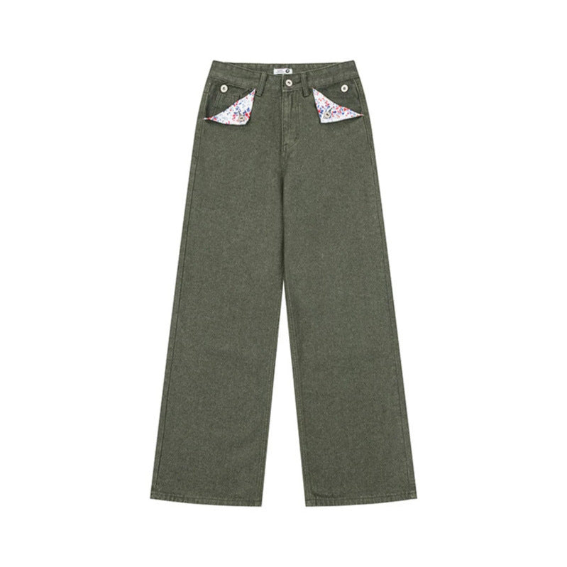 Damen Weite High‑Waist-Jeans im Palazzo-Schnitt mit Ziernaht und Blumen-Taschenfutter Echoarchiv