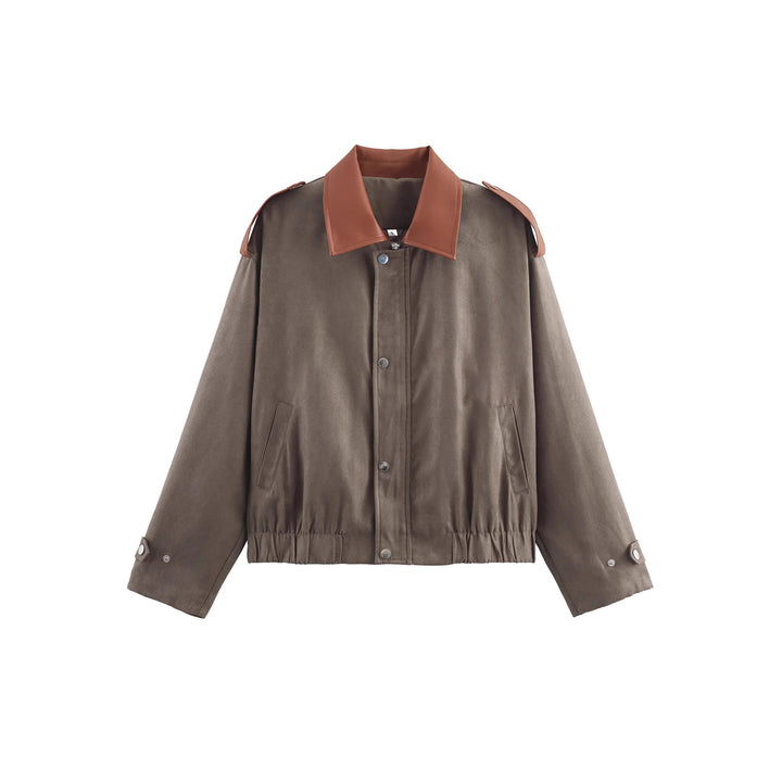 Damen oversized Kurzjacke mit kontrastkragen, Schulterpatten und elastischem Taillenzug – Célinea