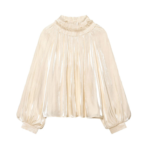 Damen nan plissierte Highneck-Bluse mit Volantkragen, Ballonärmeln und elastischen Bündchen Echo Archiv