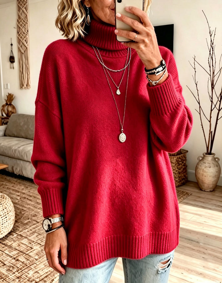 Damen Oversize Rollkragenpullover aus Feinstrick mit gerippten Bündchen und überschnittener Schulter – Mavelle