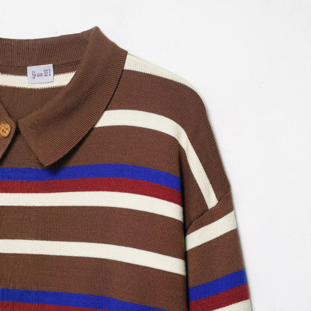 Damen Gestreifter Polokragen-Strickpullover im Boxy-Cropped-Schnitt Echoarchiv