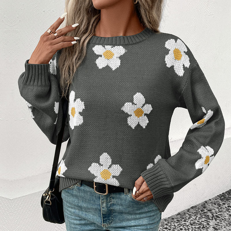 Damen Oversize-Strickpullover mit Blumenjacquard, Rundhalsausschnitt und Ballonärmeln Echoarchiv